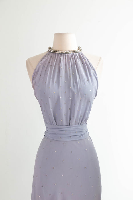 Exquisite 1930's Wallis Blue Rhinestone Studded Bias Cut Halter Gown / XS