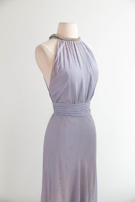 Exquisite 1930's Wallis Blue Rhinestone Studded Bias Cut Halter Gown / XS