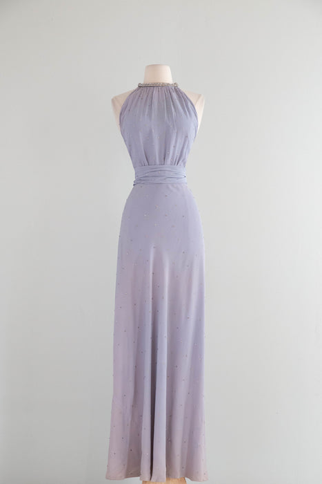 Exquisite 1930's Wallis Blue Rhinestone Studded Bias Cut Halter Gown / XS