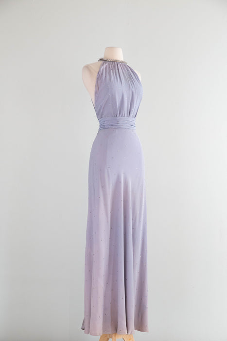 Exquisite 1930's Wallis Blue Rhinestone Studded Bias Cut Halter Gown / XS