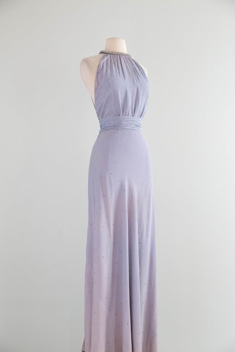 Exquisite 1930's Wallis Blue Rhinestone Studded Bias Cut Halter Gown / XS