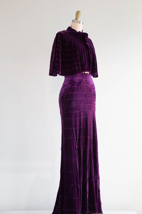 Spectacular 1930's Amethyst Silk Velvet Bias Cut Evening Gown With Cape / SM