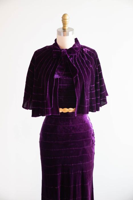 Spectacular 1930's Amethyst Silk Velvet Bias Cut Evening Gown With Cape / SM