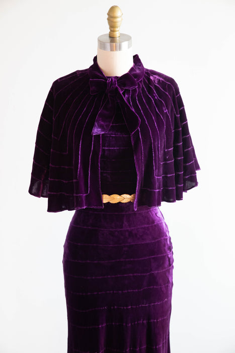 Spectacular 1930's Amethyst Silk Velvet Bias Cut Evening Gown With Cape / SM