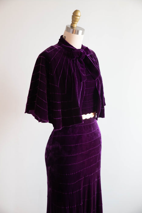 Spectacular 1930's Amethyst Silk Velvet Bias Cut Evening Gown With Cape / SM