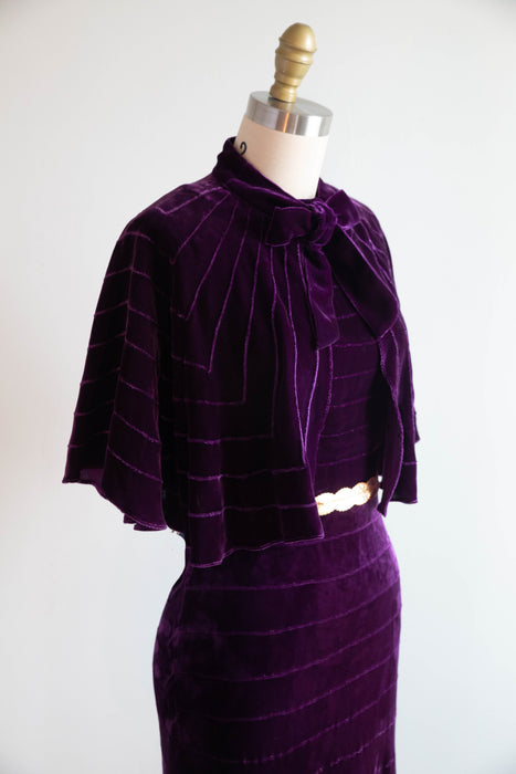 Spectacular 1930's Amethyst Silk Velvet Bias Cut Evening Gown With Cape / SM