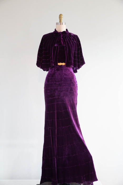 Spectacular 1930's Amethyst Silk Velvet Bias Cut Evening Gown With Cape / SM