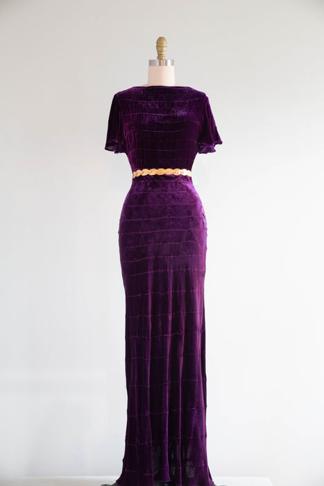 Spectacular 1930's Amethyst Silk Velvet Bias Cut Evening Gown With Cape / SM