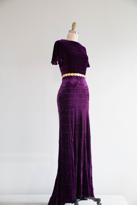 Spectacular 1930's Amethyst Silk Velvet Bias Cut Evening Gown With Cape / SM