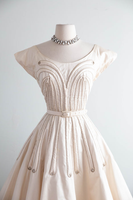 Stunning 1950's Ivory Blush Polished Cotton Party Dress With Trapunto Quilting / S