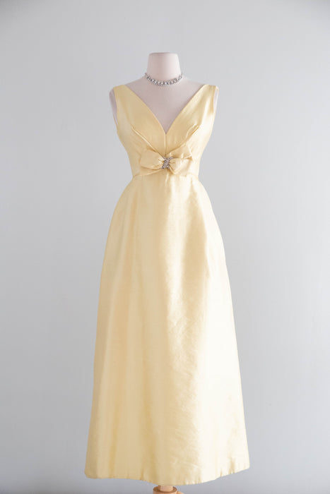 Elegant 1960's Silk Formal Dress In Butter Yellow From I Magnin / XS
