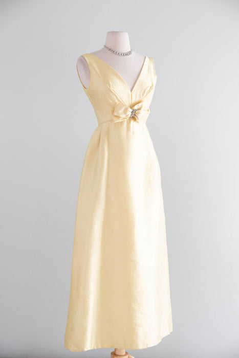 Elegant 1960's Silk Formal Dress In Butter Yellow From I Magnin / XS