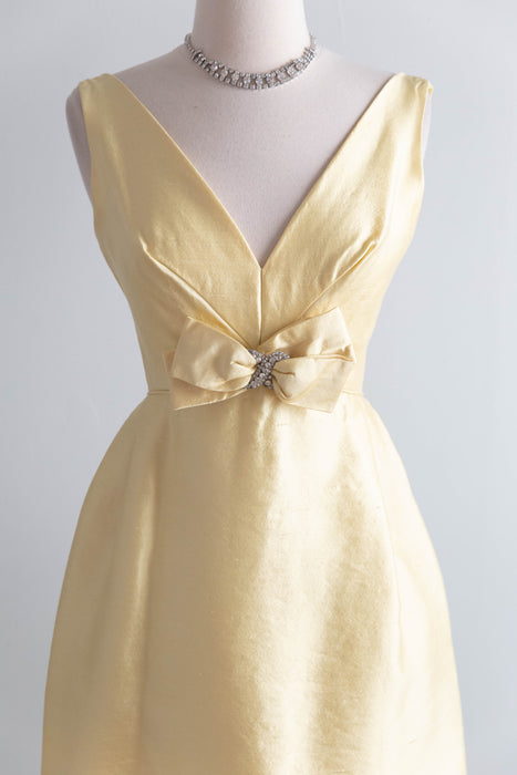 Elegant 1960's Silk Formal Dress In Butter Yellow From I Magnin / XS