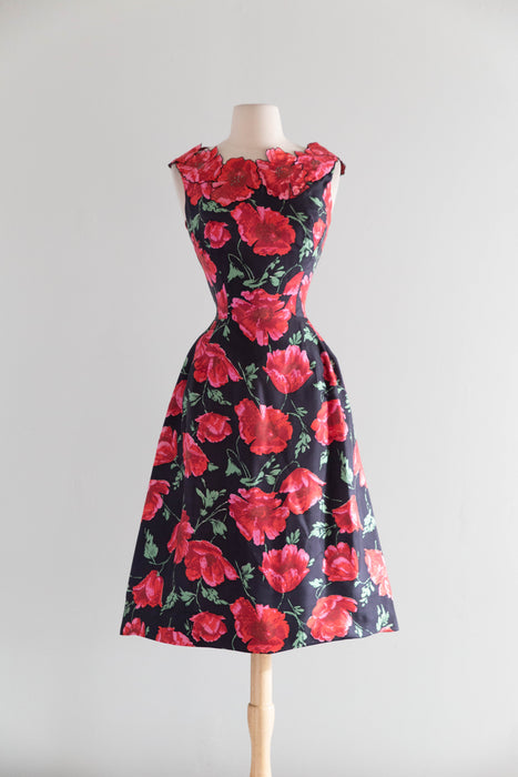 Stunning 1950's Philip Hulitar Poppy Print Cocktail Dress With Floral Appliques / SM