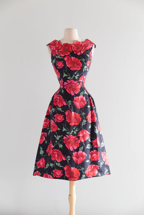Stunning 1950's Philip Hulitar Poppy Print Cocktail Dress With Floral Appliques / SM