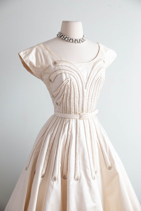 Stunning 1950's Ivory Blush Polished Cotton Party Dress With Trapunto Quilting / S