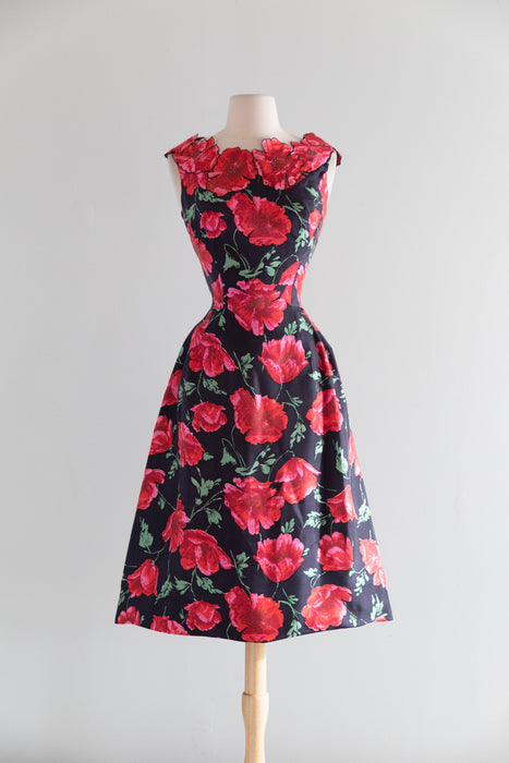 Stunning 1950's Philip Hulitar Poppy Print Cocktail Dress With Floral Appliques / SM