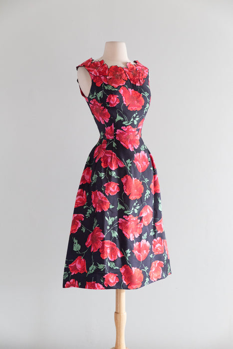 Stunning 1950's Philip Hulitar Poppy Print Cocktail Dress With Floral Appliques / SM