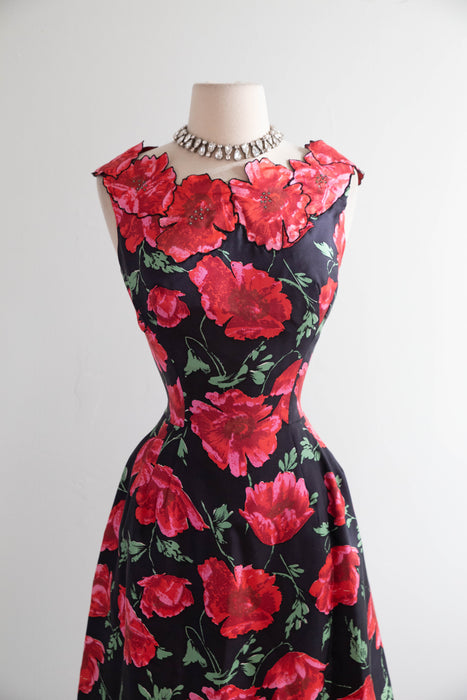 Stunning 1950's Philip Hulitar Poppy Print Cocktail Dress With Floral Appliques / SM
