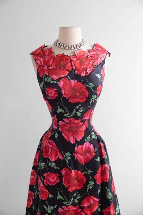 Stunning 1950's Philip Hulitar Poppy Print Cocktail Dress With Floral Appliques / SM