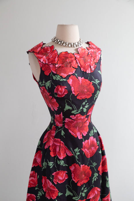 Stunning 1950's Philip Hulitar Poppy Print Cocktail Dress With Floral Appliques / SM