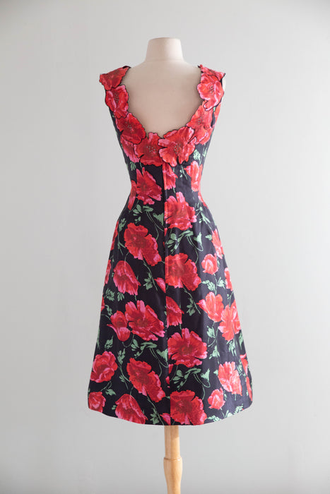 Stunning 1950's Philip Hulitar Poppy Print Cocktail Dress With Floral Appliques / SM