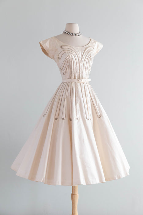 Stunning 1950's Ivory Blush Polished Cotton Party Dress With Trapunto Quilting / S
