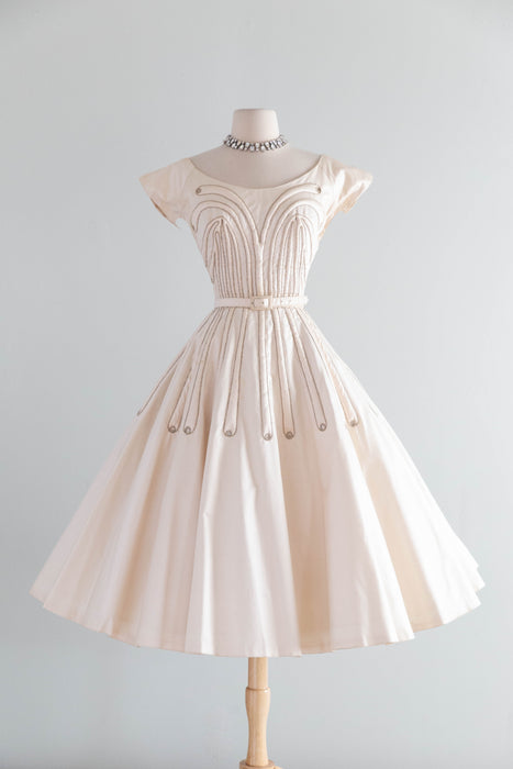 Stunning 1950's Ivory Blush Polished Cotton Party Dress With Trapunto Quilting / S