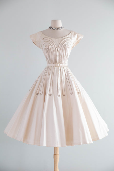 Stunning 1950's Ivory Blush Polished Cotton Party Dress With Trapunto Quilting / S
