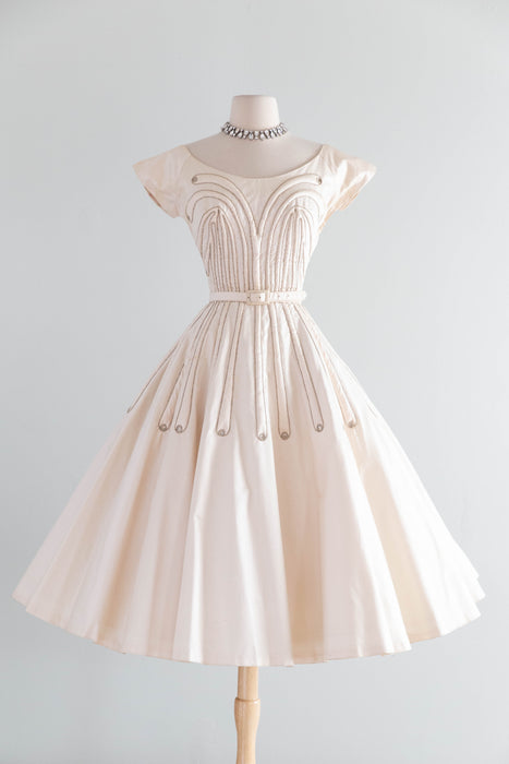 Stunning 1950's Ivory Blush Polished Cotton Party Dress With Trapunto Quilting / S