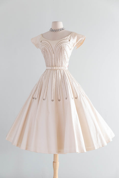 Stunning 1950's Ivory Blush Polished Cotton Party Dress With Trapunto Quilting / S