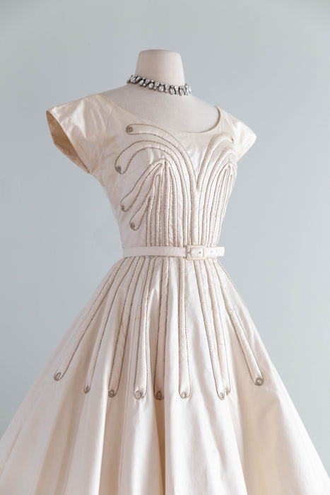 Stunning 1950's Ivory Blush Polished Cotton Party Dress With Trapunto Quilting / S