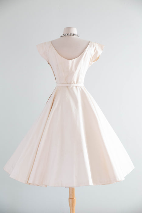Stunning 1950's Ivory Blush Polished Cotton Party Dress With Trapunto Quilting / S