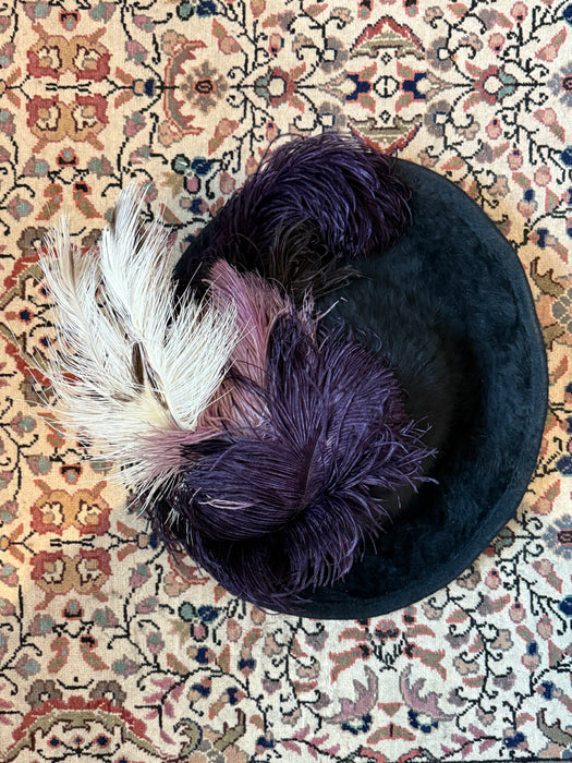 Spectacular Edwardian "Merry Widow" Black Fur Felt Picture Hat with Ostrich Plumes and Grapes