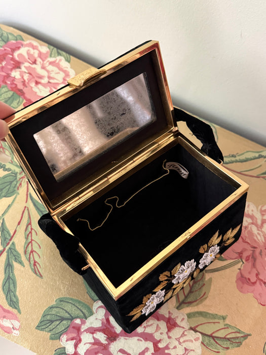 Beautiful 1960s Black Velvet Box Bag with Beaded Floral Embroidery