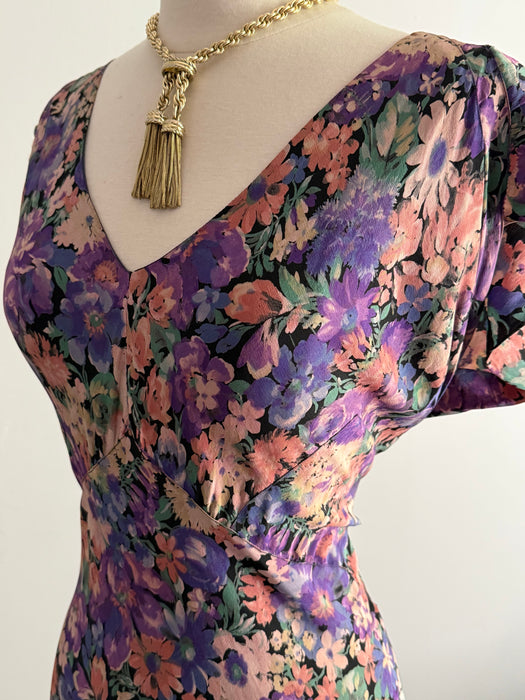 Exquisite 1930's FOGA Late Summer Floral Print Silk Bias Cut Gown / SM