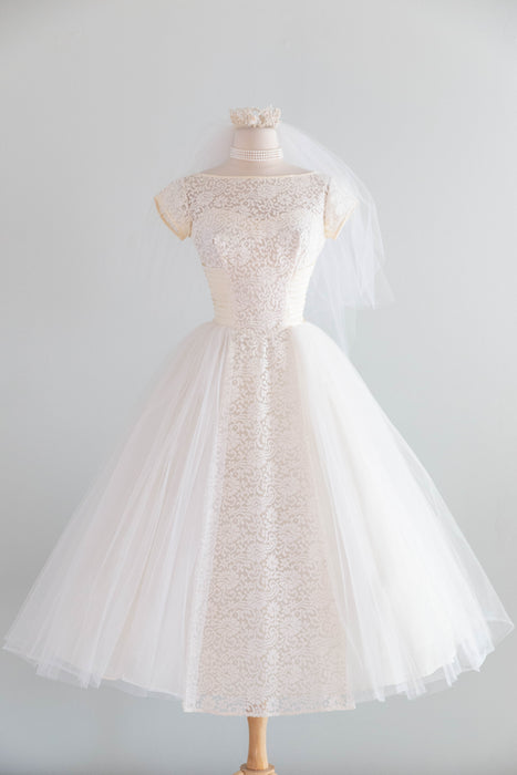 Quintessential 1950’s Vanilla Cupcake Tea Length Wedding Dress By Lorie Deb / Petite XS