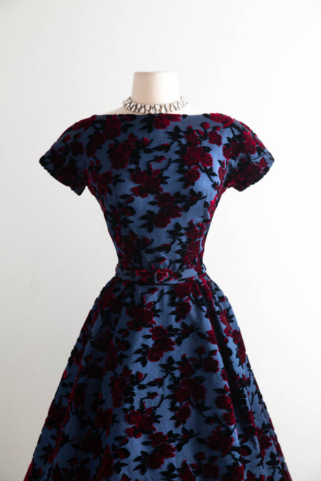 Gorgeous 1950’s Samuel Winston by Roxane Demi Couture Flocked Velvet Cocktail Dress / SM