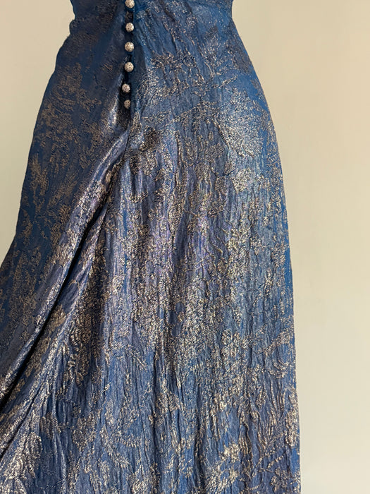 Rare 1930s Shimmering Silver Lamé Evening Gown in Lapis Blue / S