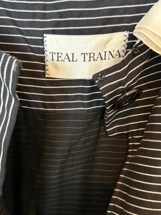 Wonderful Late 1950's Teal Traina ( Designed By Geoffrey Beene)  Striped Dress With Peter Pan Collar / M