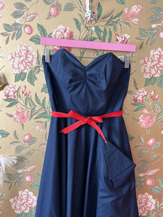 Fabulous 1950's Navy Blue Strapless Cotton Pique Sundress With Pockets / S