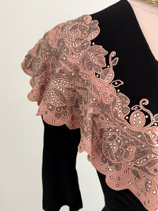 Stunning 1940s Evening Dress With Lavishly Beaded Blush Pink Cape Collar / M