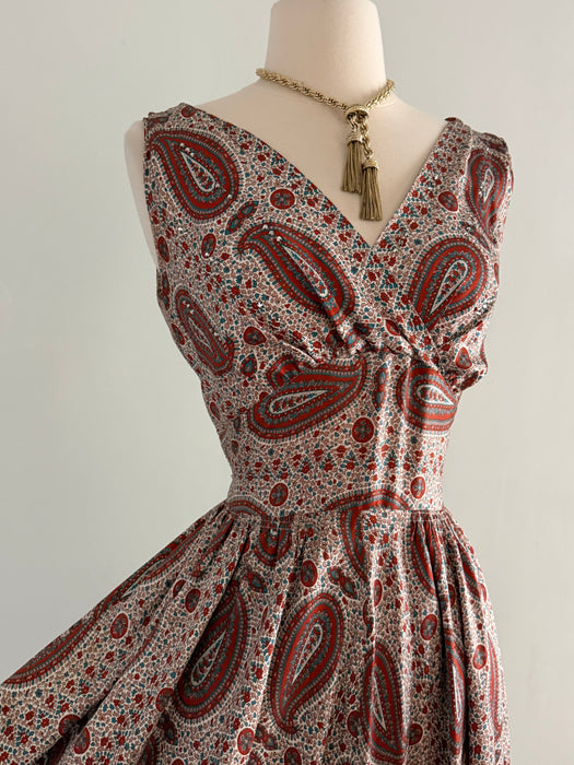 Fabulous 1950's Autumnal Paisley Print Silk Dress / SM