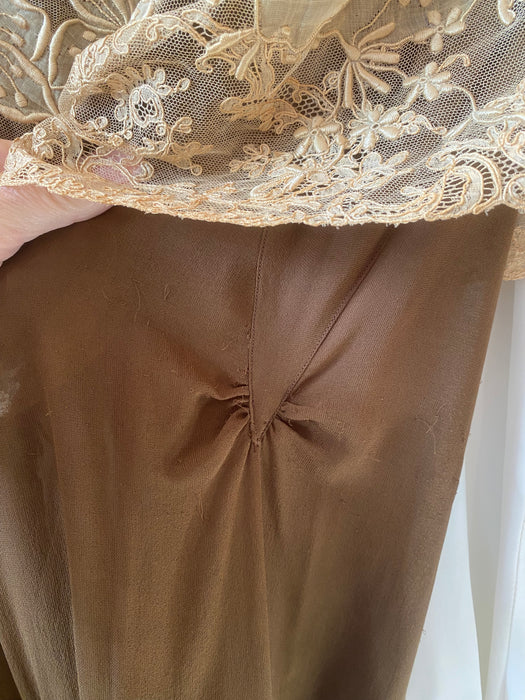 Gorgeous 1920's Bittersweet Cocoa Silk Afternoon Dress With Embroidered Antique Lace / Small