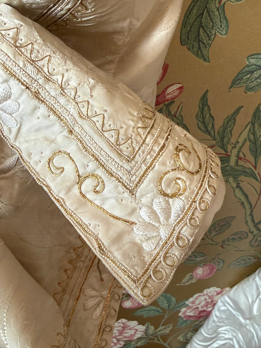 Rare & Extraordinary 1920's Chinese Robe - Ivory Silk Damask With Hand Embroidered Chrysanthemums / OS