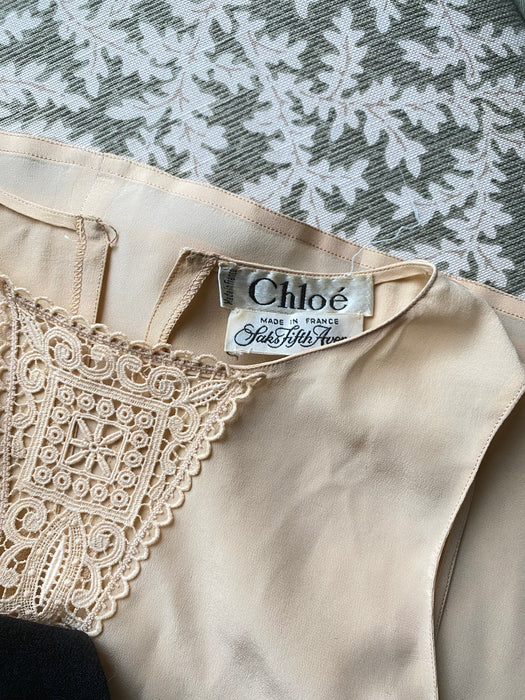 Beautiful Vintage Chloe Silk Shell Top With Lace Inset / Small