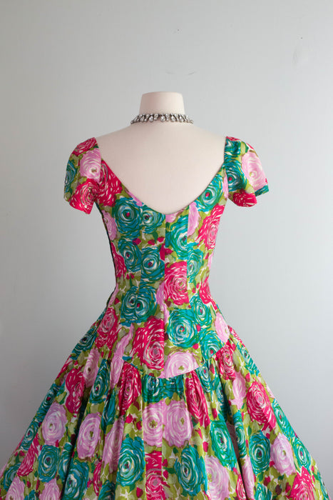Luscious 1950’s Perullo Silk Rose Print Party Dress /SM