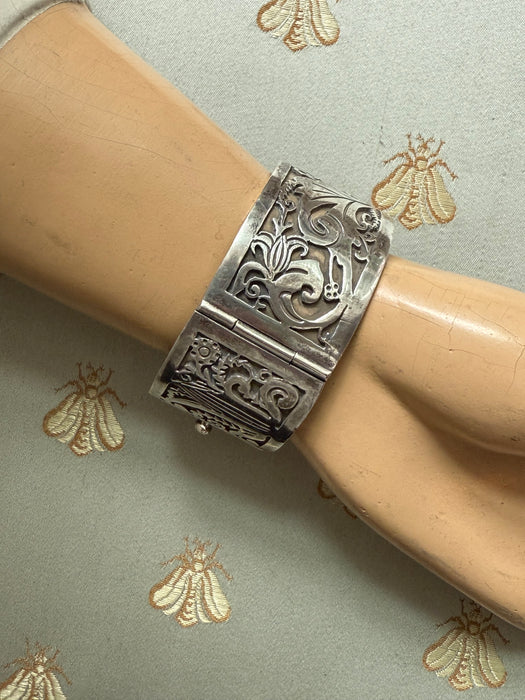 Gorgeous Vintage Wide 1950’s Sterling Silver Bracelet By Talleres De Los Ballestros Mexico