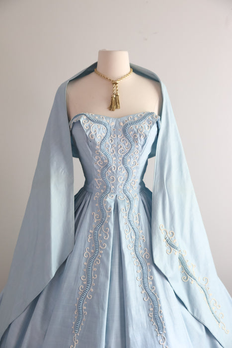 Stunning 1950s Carlye Ice-Blue Embroidered Party Dress with Shawl / S