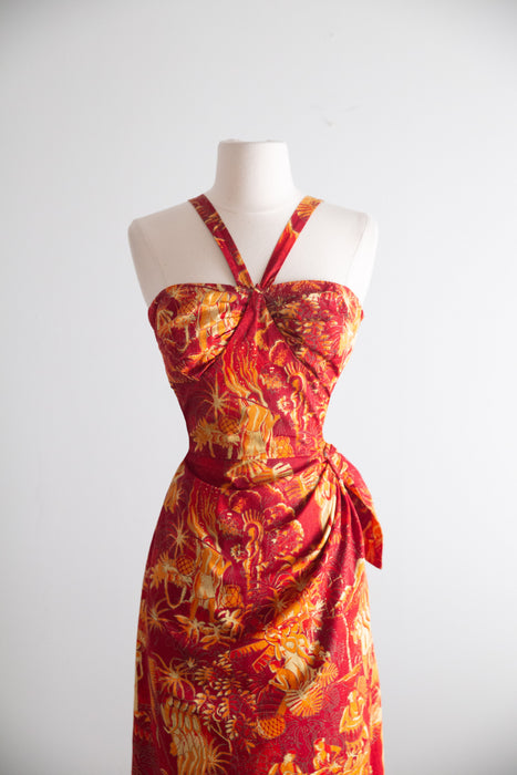 Glamorous 1950’s Alfred Shaheen "Luau" Hawaiian Print Sarong Dress / M